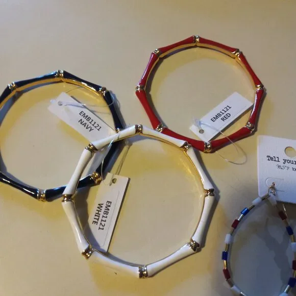 3 enamel bracelets & coordinating earrings in red, white, & blue - Picture 3 of 4